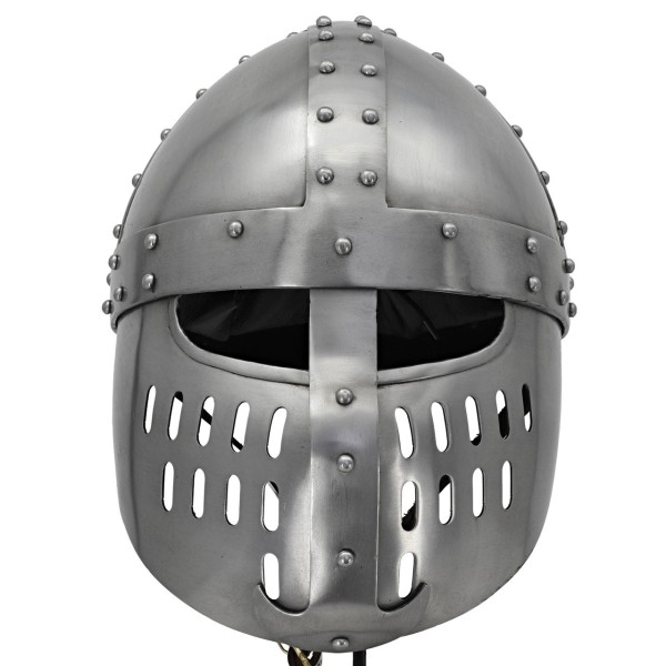 Crusader Battle Helmet – Steel Armor with Cross Motif & Nasal Guard