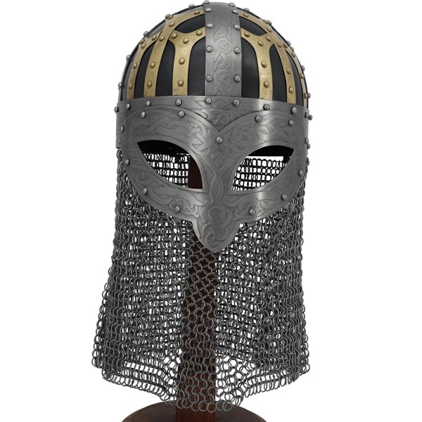 Viking Combat Helmet – Steel Battle Armor with Chainmail & Brass Accents