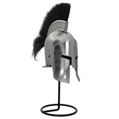 Mini Spartan Helmet – 20G Steel w/ Black Plume & Iron Stand