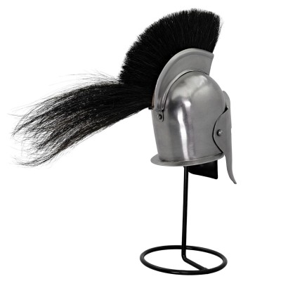 Mini Spartan Helmet – 20G Steel w/ Black Plume & Iron Stand