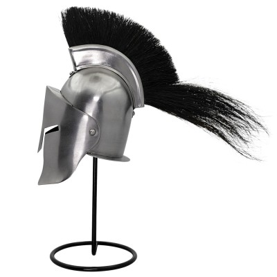 Mini Spartan Helmet – 20G Steel w/ Black Plume & Iron Stand