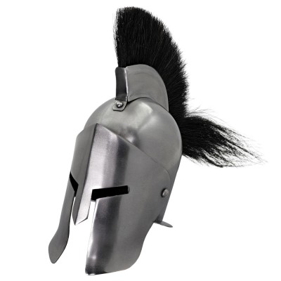 Mini Spartan Helmet – 20G Steel w/ Black Plume & Iron Stand