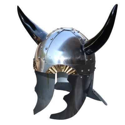 Viking Leader Helmet – 18G Steel Horned Spangenhelm with Brass Guards