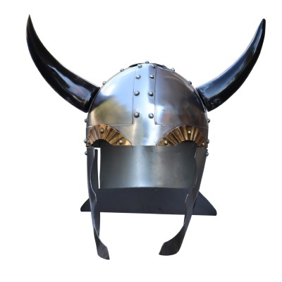 Viking Leader Helmet – 18G Steel Horned Spangenhelm with Brass Guards