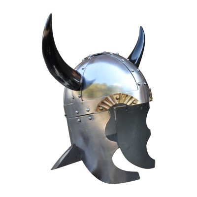 Viking Leader Helmet – 18G Steel Horned Spangenhelm with Brass Guards