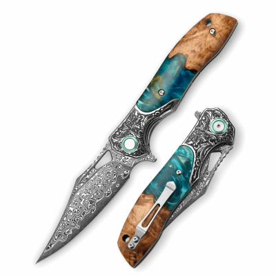 Ares VG10 Damascus Folding Knife – Olive Burl & Resin Handle