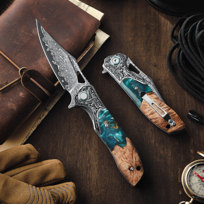 Ares VG10 Damascus Folding Knife – Olive Burl & Resin Handle