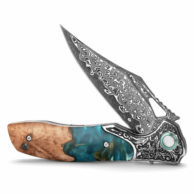 Ares VG10 Damascus Folding Knife – Olive Burl & Resin Handle