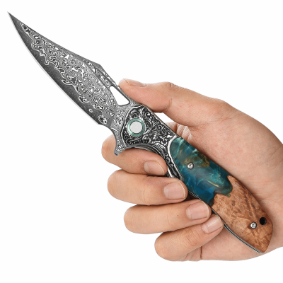 Ares VG10 Damascus Folding Knife – Olive Burl & Resin Handle