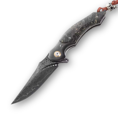 Venom Damascus Folding Knife – Maple Burl Handle & Leather Sheath