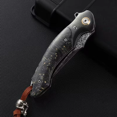 Venom Damascus Folding Knife – Maple Burl Handle & Leather Sheath