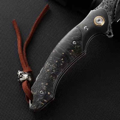 Venom Damascus Folding Knife – Maple Burl Handle & Leather Sheath