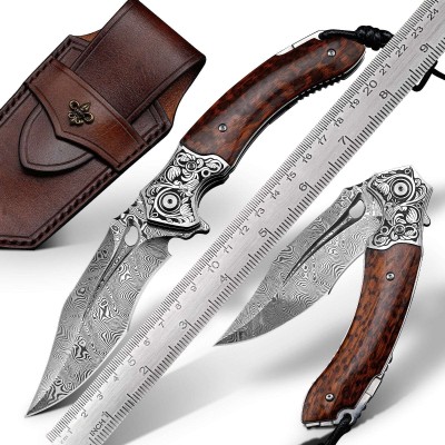 Damascus Folding Knife – Snake Wood Handle & Leather Sheath Damascus Folding Knife – Snake Wood Handle & Leather Sheath