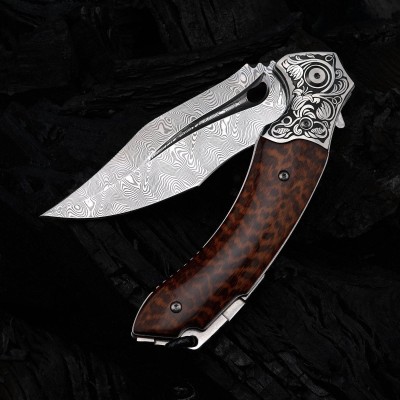 Damascus Folding Knife – Snake Wood Handle & Leather Sheath Damascus Folding Knife – Snake Wood Handle & Leather Sheath