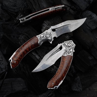 Damascus Folding Knife – Snake Wood Handle & Leather Sheath Damascus Folding Knife – Snake Wood Handle & Leather Sheath