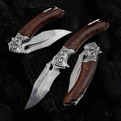 Damascus Folding Knife – Snake Wood Handle & Leather Sheath Damascus Folding Knife – Snake Wood Handle & Leather Sheath