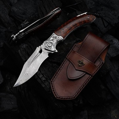 Damascus Folding Knife – Snake Wood Handle & Leather Sheath Damascus Folding Knife – Snake Wood Handle & Leather Sheath