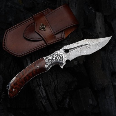 Damascus Folding Knife – Snake Wood Handle & Leather Sheath Damascus Folding Knife – Snake Wood Handle & Leather Sheath