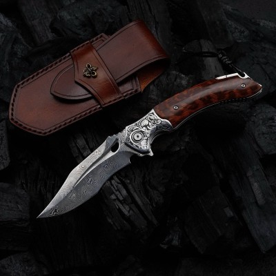 Damascus Folding Knife – Snake Wood Handle & Leather Sheath Damascus Folding Knife – Snake Wood Handle & Leather Sheath