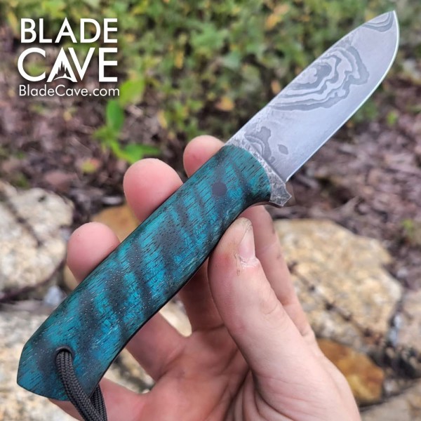 Handcrafted Damascus Bushcraft Knife with Blue Dyed Maple Handle