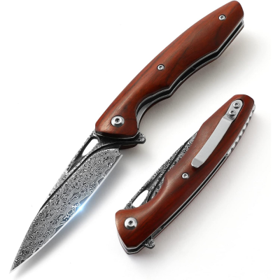 Handmade Japanese Damascus Pocket Knife with Exotic Red Sandalwood