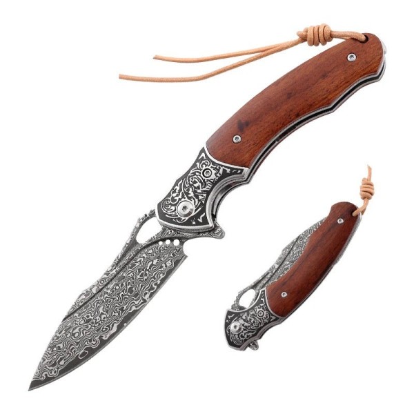 Meteor Engraved Damascus Steel Pocket Knife with Red Sandalwood Handle