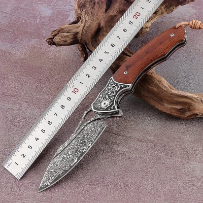 Meteor Damascus Steel Pocket Knife | Red Sandalwood Handle