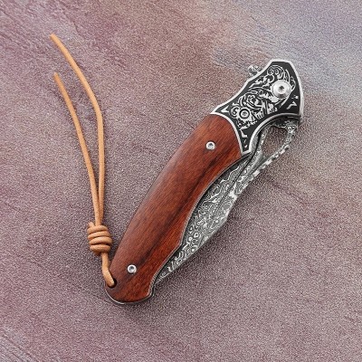 Meteor Damascus Steel Pocket Knife | Red Sandalwood Handle