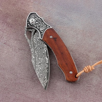 Meteor Damascus Steel Pocket Knife | Red Sandalwood Handle