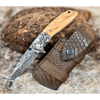 Vertex Damascus Pattern Pocket Knife | Olive Wood Handle