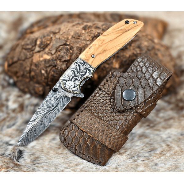 Vertex Damascus Pattern Pocket Knife with Exotic Olive Wood Handle