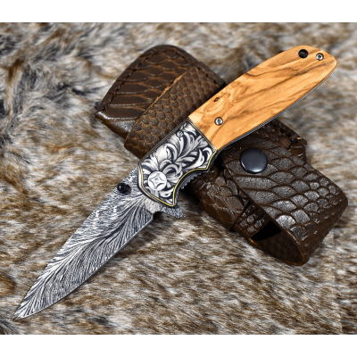 Vertex Damascus Pattern Pocket Knife | Olive Wood Handle