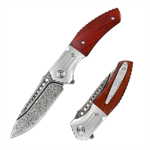 Ironbark Japanese Pocket Knife with Damascus Steel & Red Sandalwood Handle