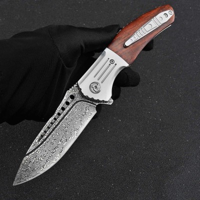 Ironbark Damascus Pocket Knife | Red Sandalwood Handle