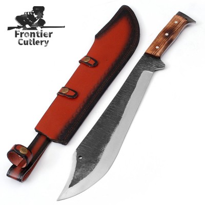 Clip Point Bushcraft Machete – Carbon Steel, Hardwood Handle, Leather