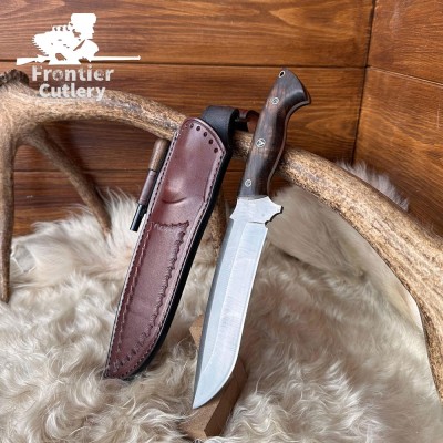 Hand-Forged Carbon Steel Machete Knife – Walnut Handle, Leather Sheath