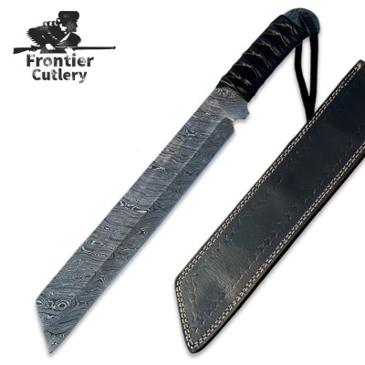 Handmade Damascus Steel Outdoor Machete with Leather Handle & Sheath Handmade Damascus Steel Outdoor Machete with Leather Handle & Sheath