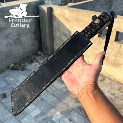 Handmade Damascus Steel Outdoor Machete with Leather Handle & Sheath Handmade Damascus Steel Outdoor Machete with Leather Handle & Sheath
