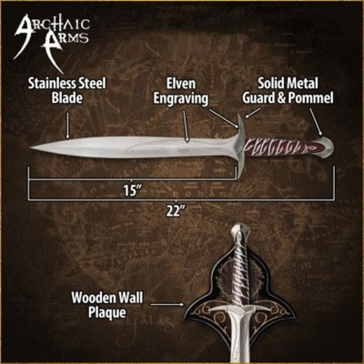 Hilt detail of Frodo’s Sting Sword showing metal guard and pommel Hilt detail of Frodo’s Sting Sword showing metal guard and pommel