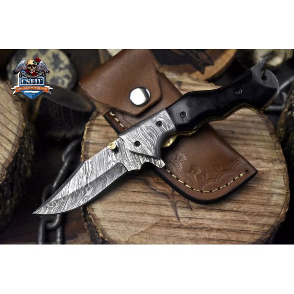 Twist Damascus Folding Knife with Bull Horn