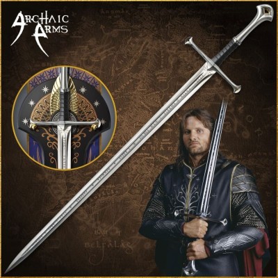 Full-length view of Andúril Sword Museum Replica with Gondorian banner and wall mount