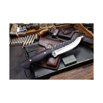 Handmade Bushcraft Knife with Leather Sheath on wooden surface