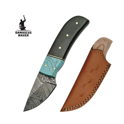 Damascus Skinning Knife with Turquoise Horn Handle