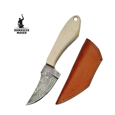 Bone Handle Damascus Skinner Knife with Leather Sheath