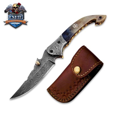 Damascus Steel Folding Knife with Camel Bone Handle and Leather Sheath