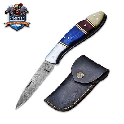 Classic Folding Knife with Damascus Blade and Bone Handle