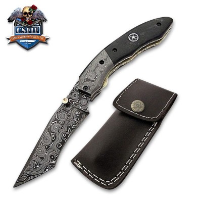Damascus Blade Folding Knife with Buffalo Horn Handle