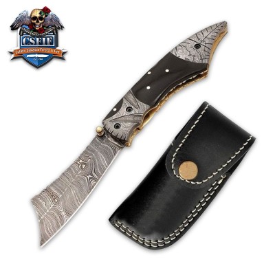 Modern Style Folding Knife with Damascus Blade and Buffalo Horn Handle