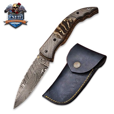 Custom Made Damascus Blade Folding Knife with Stag Horn Handle