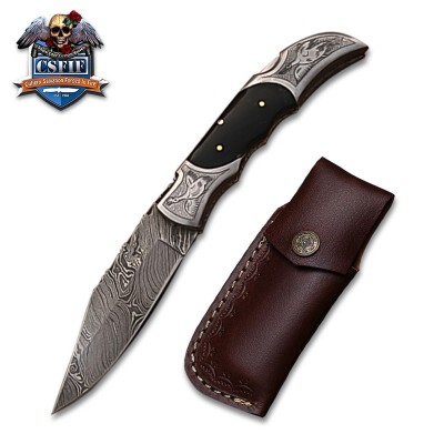 Eye Catching Folding Knife with Damascus Steel Blade and Horn Handle